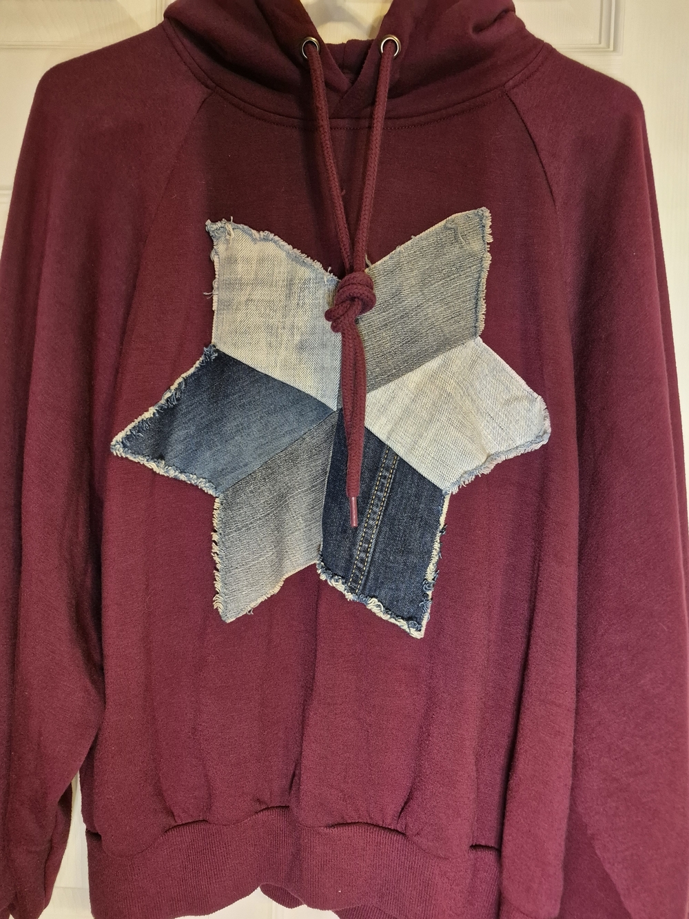 Upcycled Burgundy Hoodie with Denim Star Patch